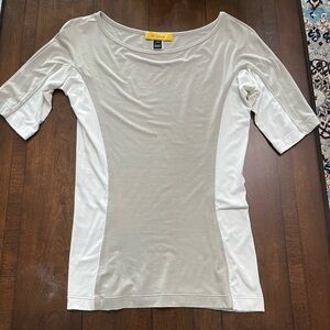 St. John light gray and white color, size petite top.